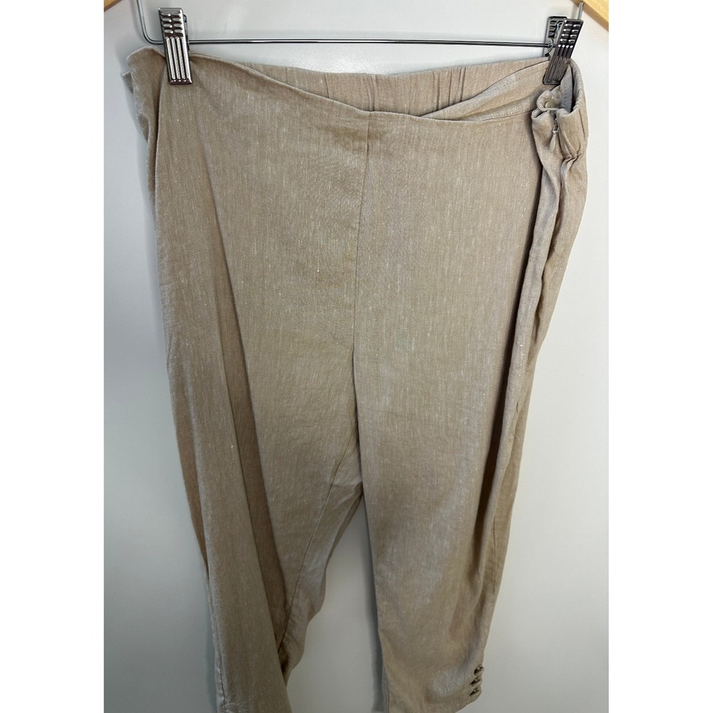 J Jill Stretch 100% Linen Pants Button Hem Ankle Tan Beige Coastal Travel Resort - Picture 3 of 12